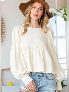 BUCKETLIST Cream Peasant Babydoll Blouse with Smocked Cuffs